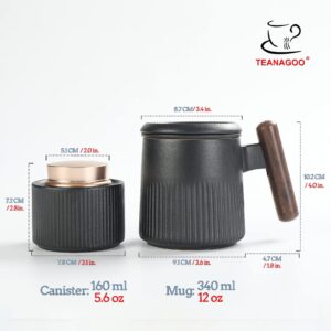 TEANAGOO Ceramic Tea Mug with Infuser and Lid & Matching Tea Canister, 2 Pcs/Set with Luxury Leather Bag, Best Gift Choice for Tea Lover, 12 Oz, Q9, Black, Stoneware Glazed & Rosewood Handle.