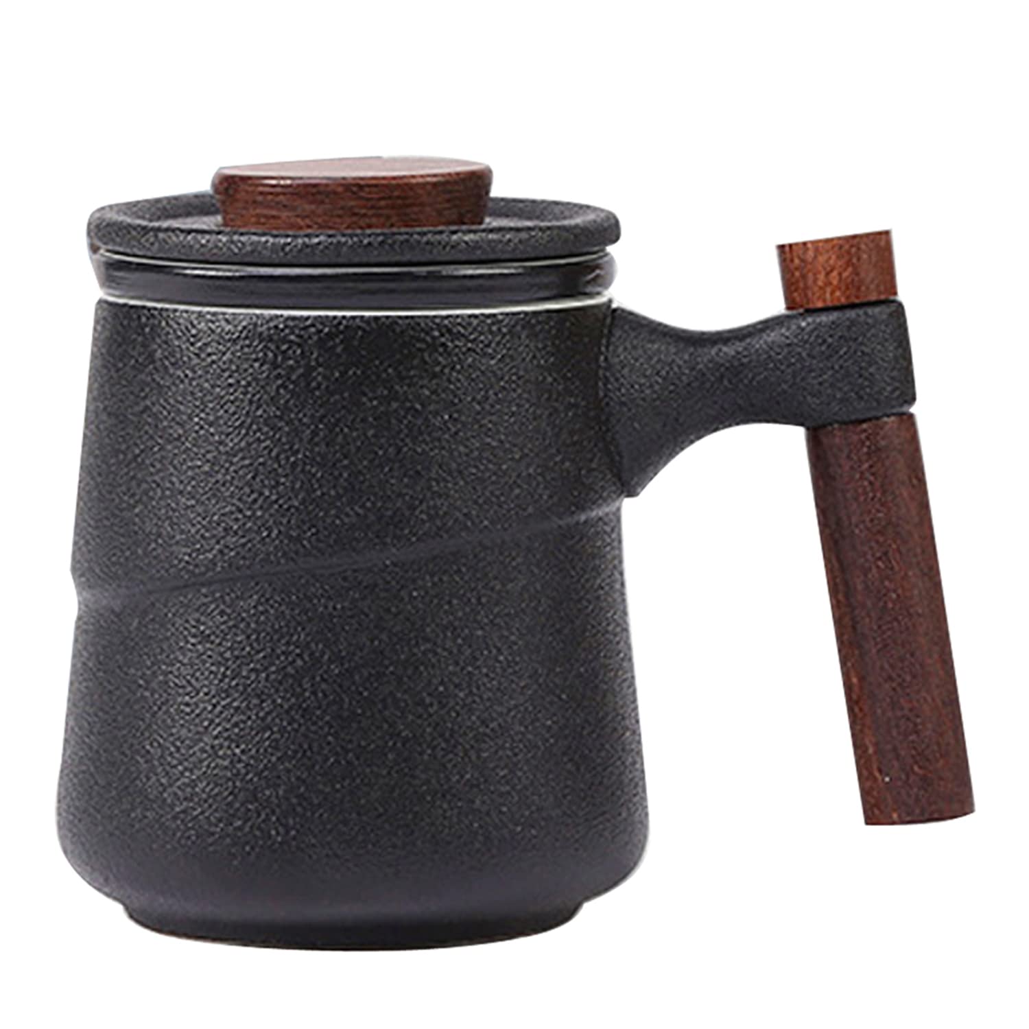 NCQIXIAO Tea Cup with Infuser and Lid, Retro Tea Mug Cups with Infuser, Wood Handle Ceramic Coffee Mug with Lid for Steeping Loose Leaf Tea 320ml/10.82OZ (Black)