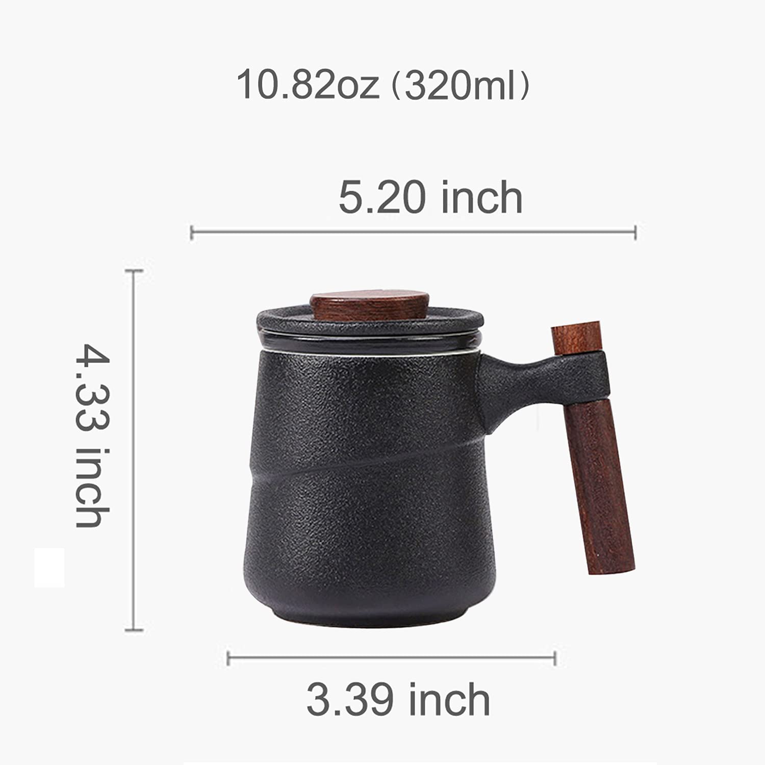 NCQIXIAO Tea Cup with Infuser and Lid, Retro Tea Mug Cups with Infuser, Wood Handle Ceramic Coffee Mug with Lid for Steeping Loose Leaf Tea 320ml/10.82OZ (Black)