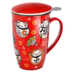 needzo lucky cat tea cup with infuser, lid and strainer for steeping loose leaf teas, japanese ceramic mug, 15 ounces