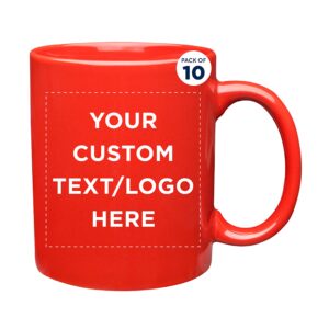 custom ceramic coffee mugs 11 oz. set of 10, personalized bulk pack - coffee cup set, iced coffee cup, gaming mug - red