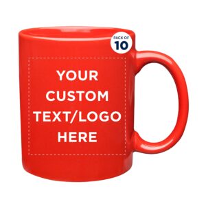 Custom Ceramic Coffee Mugs 11 oz. Set of 10, Personalized Bulk Pack - Coffee cup set, Iced coffee cup, Gaming mug - Red