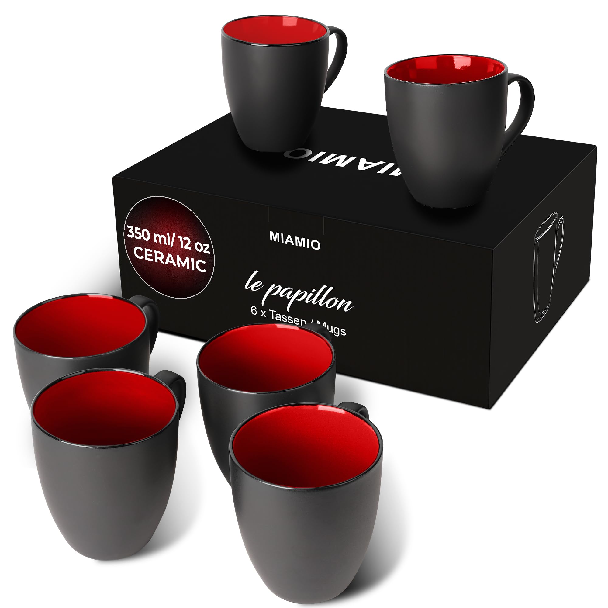 MIAMIO - Set of 6 Stoneware Coffee Mugs 12 Ounce/Cup Set - Le Papillon Collection (Black-Red)