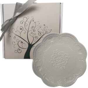white embossed porcelain round dessert plate tea saucer 6 inch with butterfy and heart design - in love tree gift box