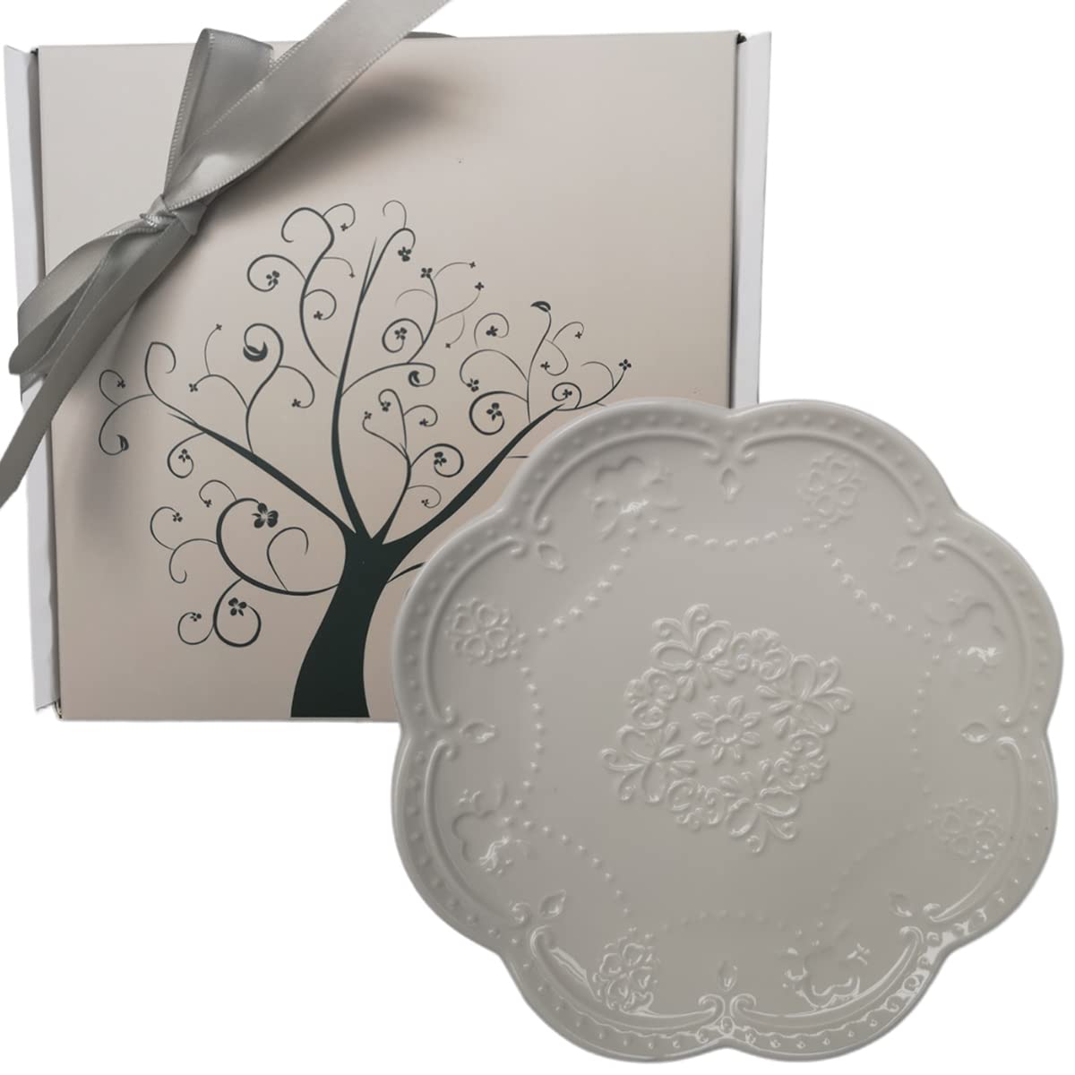 White Embossed Porcelain Round Dessert Plate Tea Saucer 6 inch with Butterfy and Heart Design - in Love Tree Gift Box