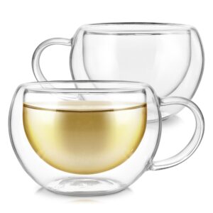 teabloom modern classic insulated cups – 6 oz / 200 ml – set of 2 double walled glass cups for tea or coffee