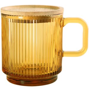 Lysenn Amber Glass Coffee Mug with Lid - Premium Classical Vertical Stripes Glass Tea Cup - for |Latte|Tea|Chocolate|Juice|Water| - Unleaded - Bamboo Lid - 12.5 Ounces