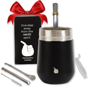 gaucho-market yerba mate cup gourd with lid double-wall insulated vacuum stainless steel mate tea cup set with lid, includes 2 bombillas (yerba mate straw) and a cleaning brush (revolution black)