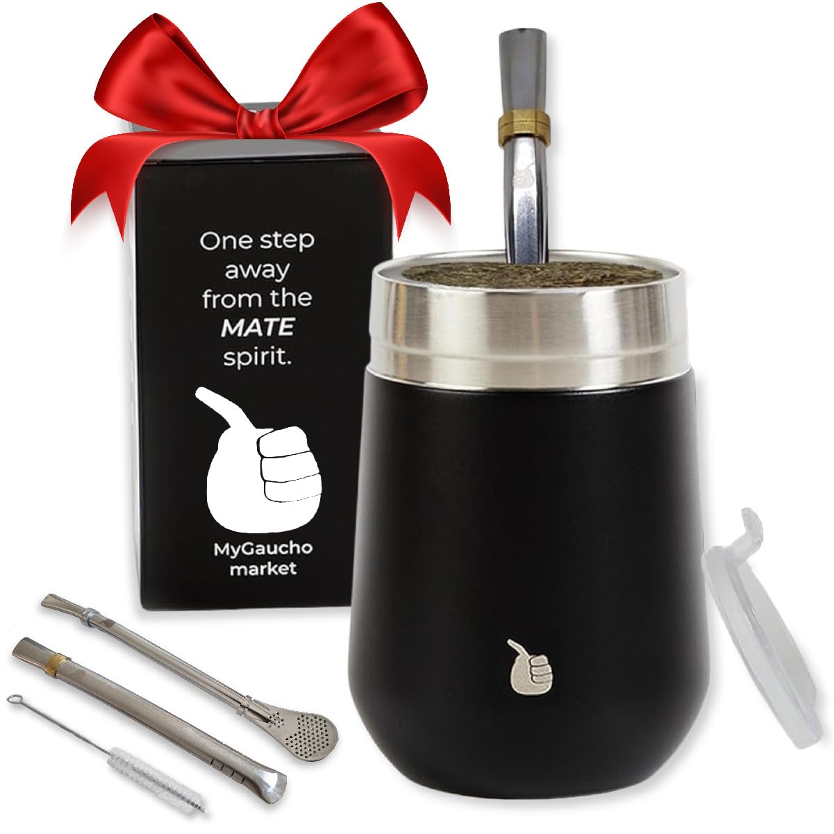 GAUCHO-MARKET Yerba Mate Cup Gourd with Lid Double-Wall Insulated Vacuum Stainless Steel Mate Tea Cup Set With Lid, Includes 2 Bombillas (Yerba Mate Straw) and a Cleaning Brush (Revolution Black)