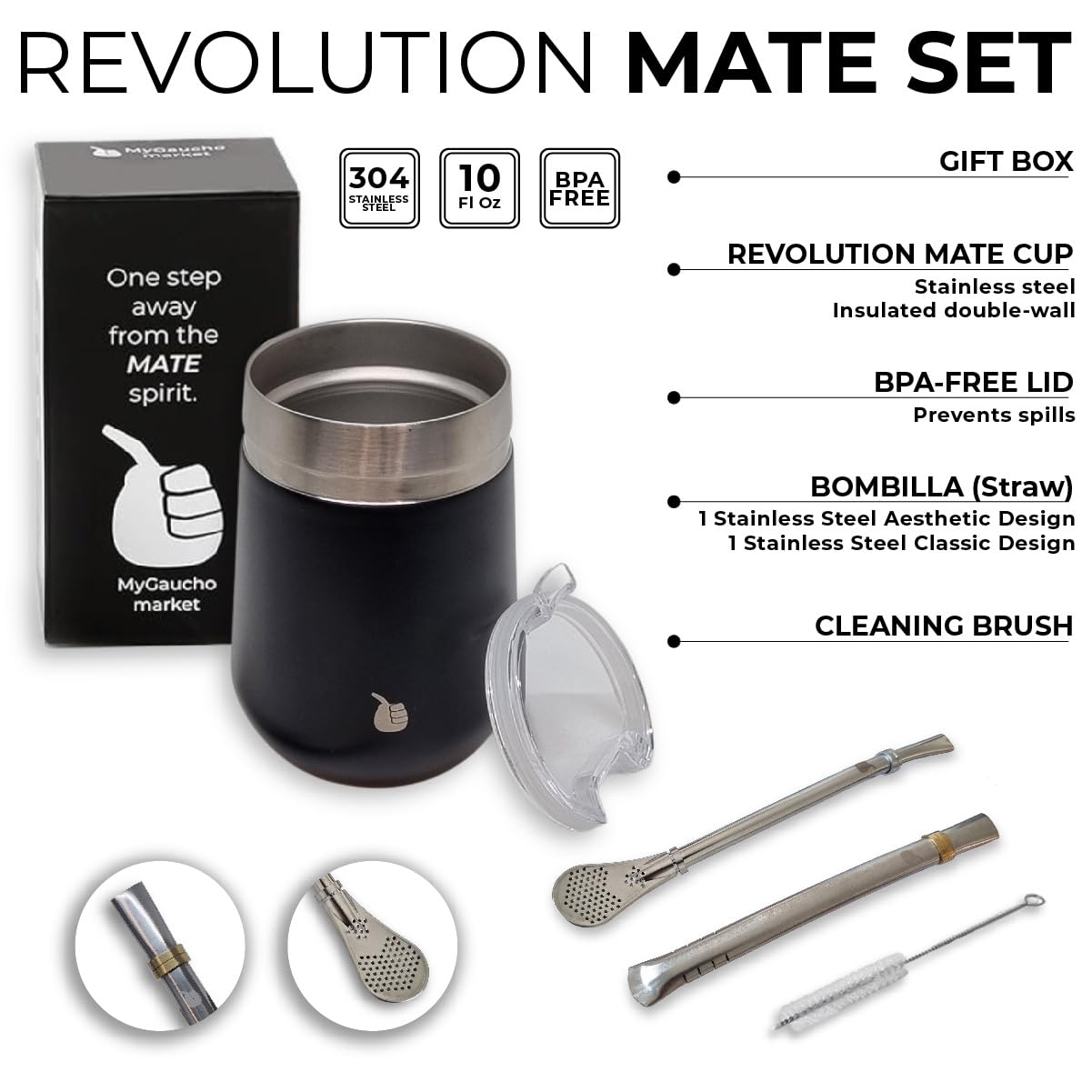 GAUCHO-MARKET Yerba Mate Cup Gourd with Lid Double-Wall Insulated Vacuum Stainless Steel Mate Tea Cup Set With Lid, Includes 2 Bombillas (Yerba Mate Straw) and a Cleaning Brush (Revolution Black)