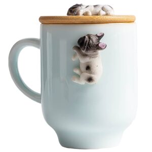 frenchie bulldog gifts mug with bamboo lid,frenchie gifts for dog lovers unique yingqing color mug ceramic tea cup coffee mug by pet figurine decoration -(14oz)