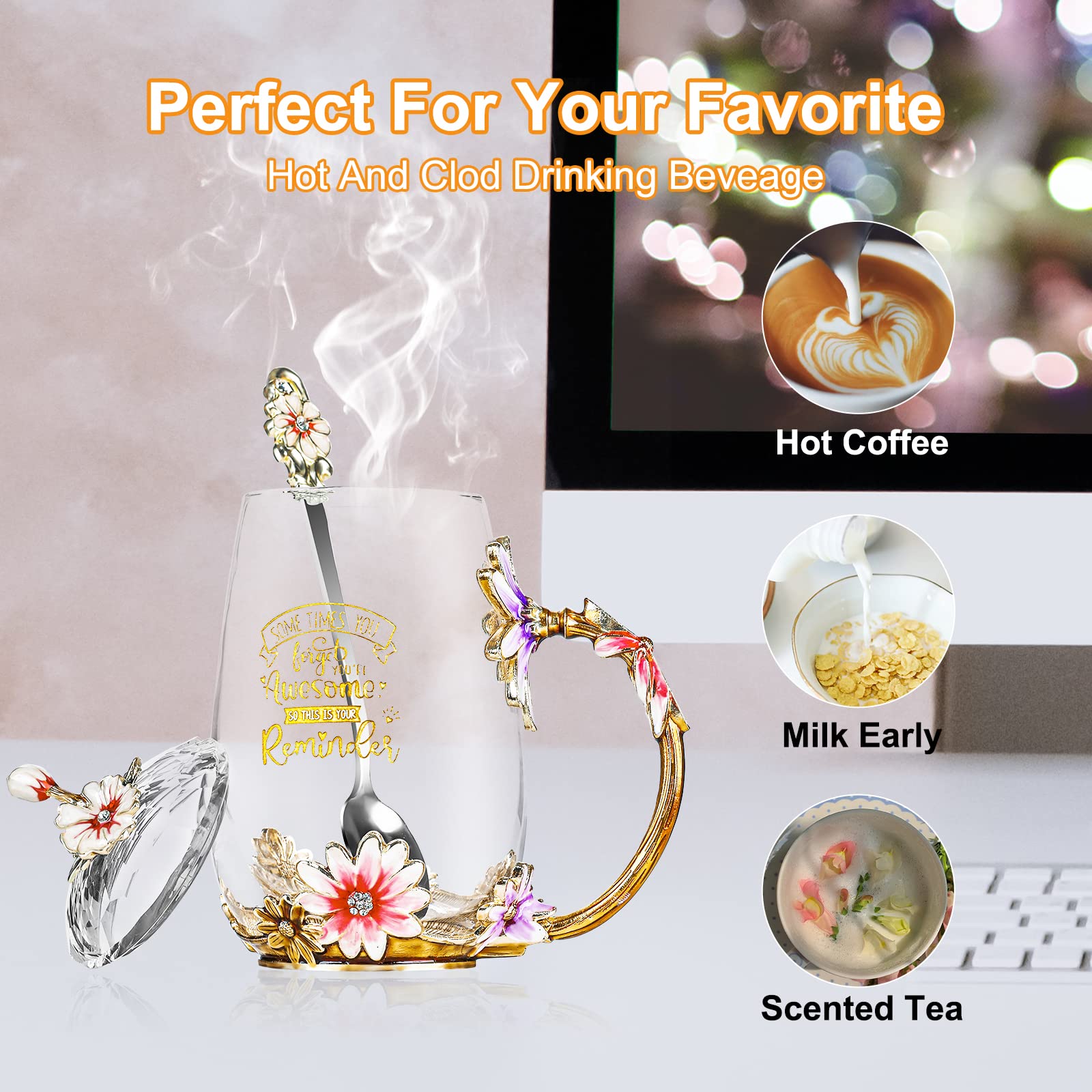 Vos Risus Daisy Flower Glass Coffee Mug Tea Cup with Spoon Set, Sometimes You Forget That You are Awesome Enamel Cup, Birthday, Mothers Day, Christmas, Gifts for Her, Friend, Mom, Grandma, Coworker