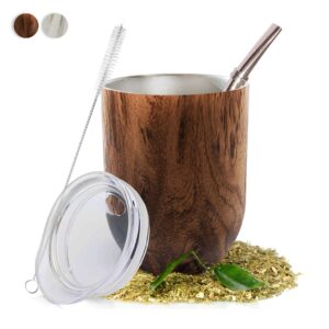 norte yerba mate cup set natural brown (mate gourd - 12 ounces), includes bombilla (yerba mate straw), lid & cleaning brush, 18/8 stainless steel double-walled tea cup, easy to clean