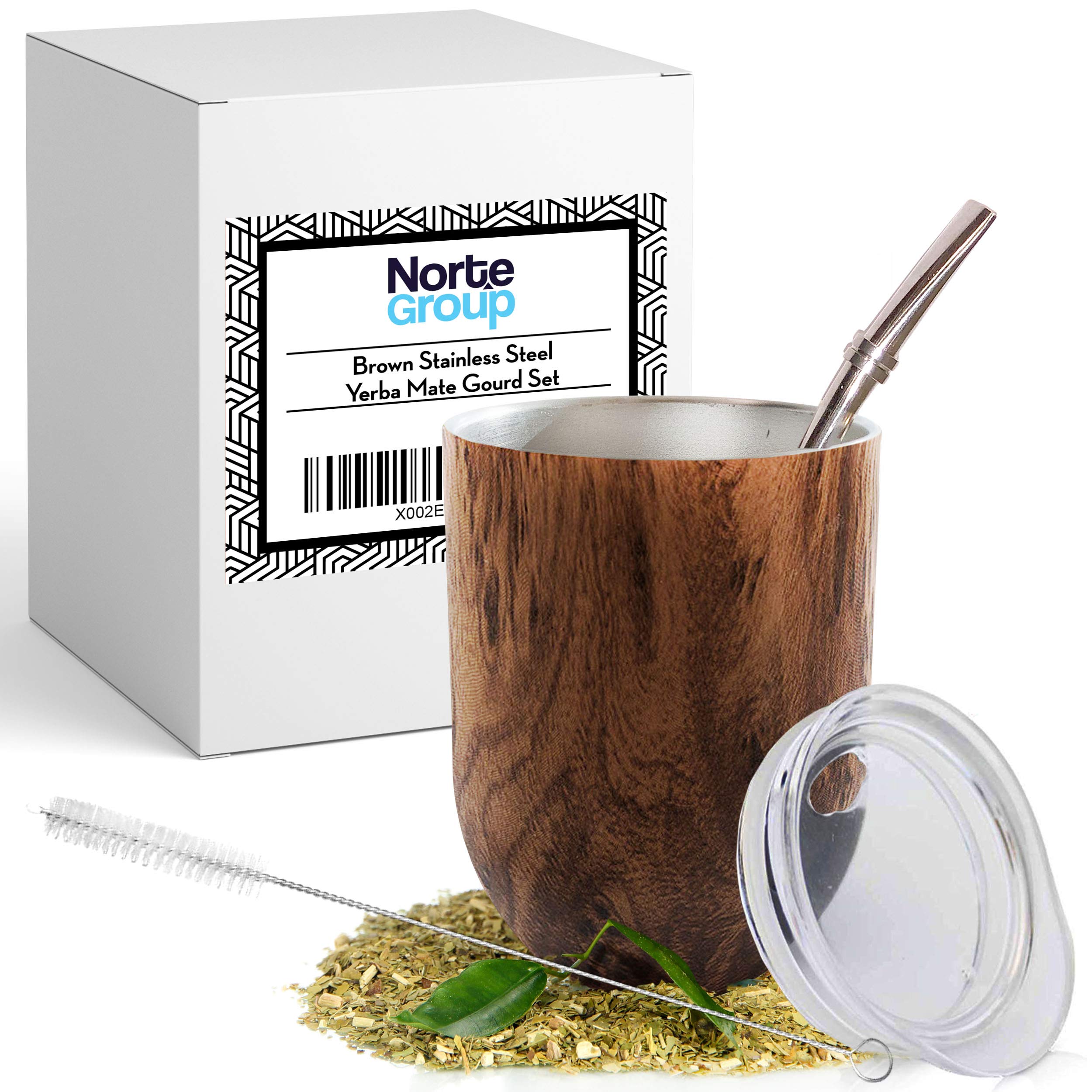 Norte Yerba Mate Cup Set Natural Brown (Mate Gourd - 12 Ounces), Includes Bombilla (Yerba Mate Straw), Lid & Cleaning Brush, 18/8 Stainless Steel Double-Walled Tea Cup, Easy to Clean