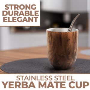 Norte Yerba Mate Cup Set Natural Brown (Mate Gourd - 12 Ounces), Includes Bombilla (Yerba Mate Straw), Lid & Cleaning Brush, 18/8 Stainless Steel Double-Walled Tea Cup, Easy to Clean