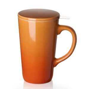 dowan tea cups with infuser and lid, 17 ounces large tea infuser mug, tea strainer cup with tea bag holder for loose tea, ceramic tea steeping mug, orange color changing