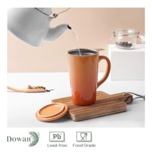 DOWAN Tea Cups with Infuser and Lid, 17 Ounces Large Tea infuser Mug, Tea Strainer Cup with Tea Bag Holder for Loose Tea, Ceramic Tea Steeping Mug, Orange Color Changing