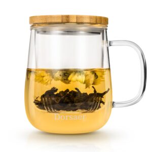 dorsaer glass tea mugs - 16.9oz glass tea cup with infuser and lid for tea steeping at home and office. larger glass tea cups, clear glass tea mugs with infuser and lid