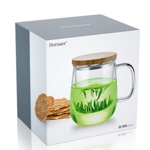 Dorsaer Glass Tea Mugs - 16.9oz Glass Tea Cup with Infuser and Lid for Tea Steeping at Home and Office. Larger Glass Tea Cups, Clear Glass Tea mugs with infuser and lid