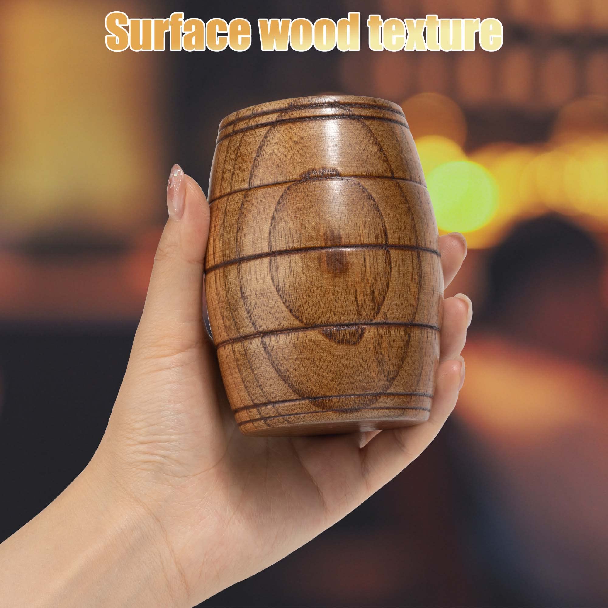 MOTZU 6 Pieces Wooden Barrel Shaped Beer Mug, Classical Natural Solid Wood Drinking Cup, Handmade Tea Cups, For Coffee, Hot Drinks, Milk, Wine, 210ml