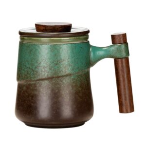 ncqixiao tea cup with infuser and lid, retro tea mug cups with infuser, wood handle ceramic coffee mug with lid for steeping loose leaf tea 320ml/10.82oz (vintage green)