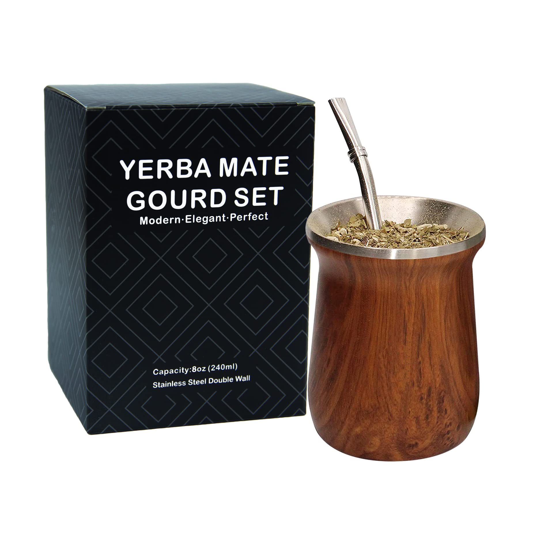 LA FEE Yerba Mate Natural Gourd/Egg Cup Set Brown (Original Traditional Mate Cup - 12 Ounces), Includes Yerba Mate Straw & Cleaning Brush, Stainless Steel | Double-Walled | Easy to Clean