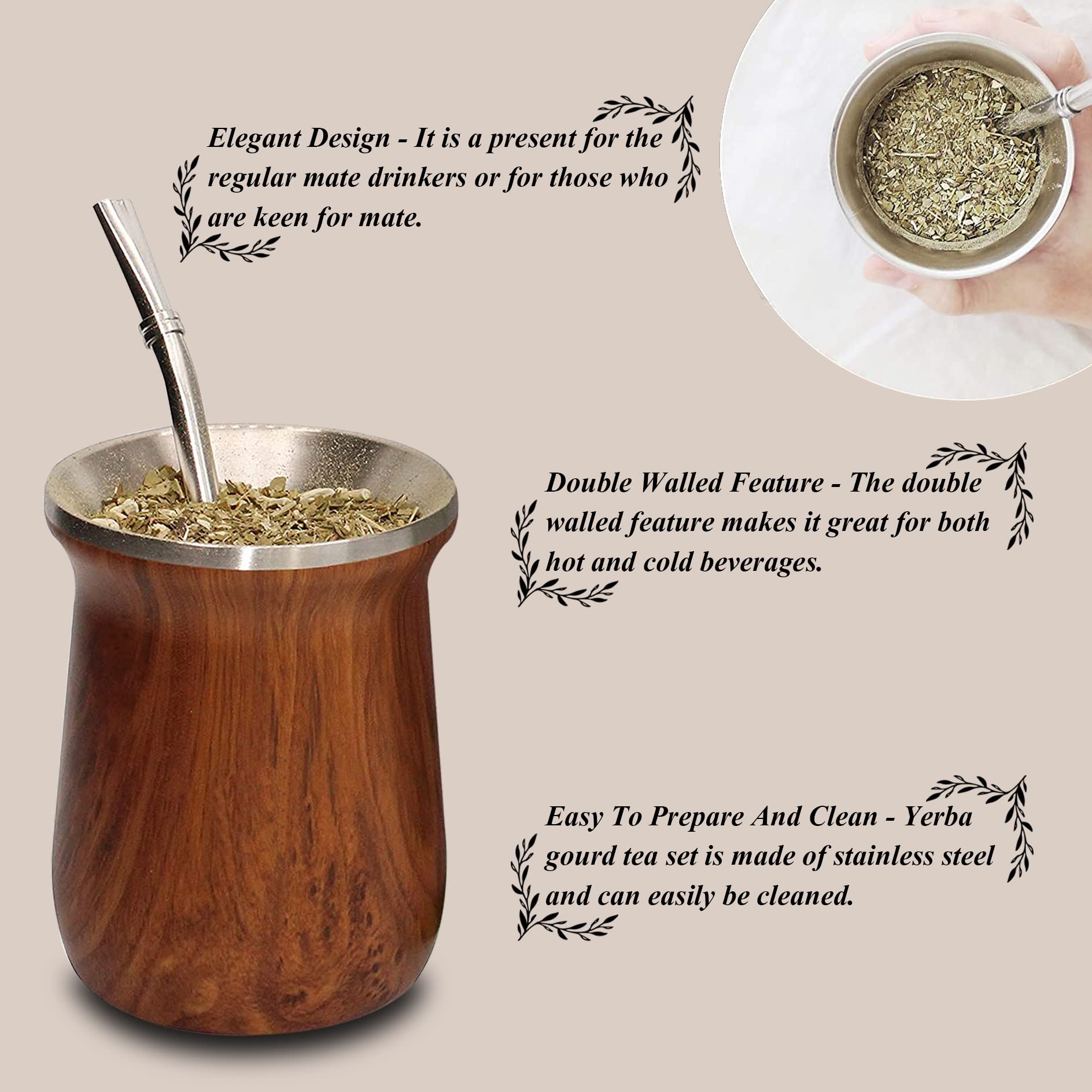 LA FEE Yerba Mate Natural Gourd/Egg Cup Set Brown (Original Traditional Mate Cup - 12 Ounces), Includes Yerba Mate Straw & Cleaning Brush, Stainless Steel | Double-Walled | Easy to Clean