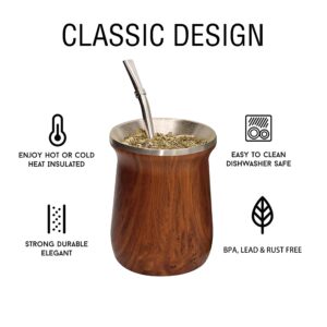 LA FEE Yerba Mate Natural Gourd/Egg Cup Set Brown (Original Traditional Mate Cup - 12 Ounces), Includes Yerba Mate Straw & Cleaning Brush, Stainless Steel | Double-Walled | Easy to Clean
