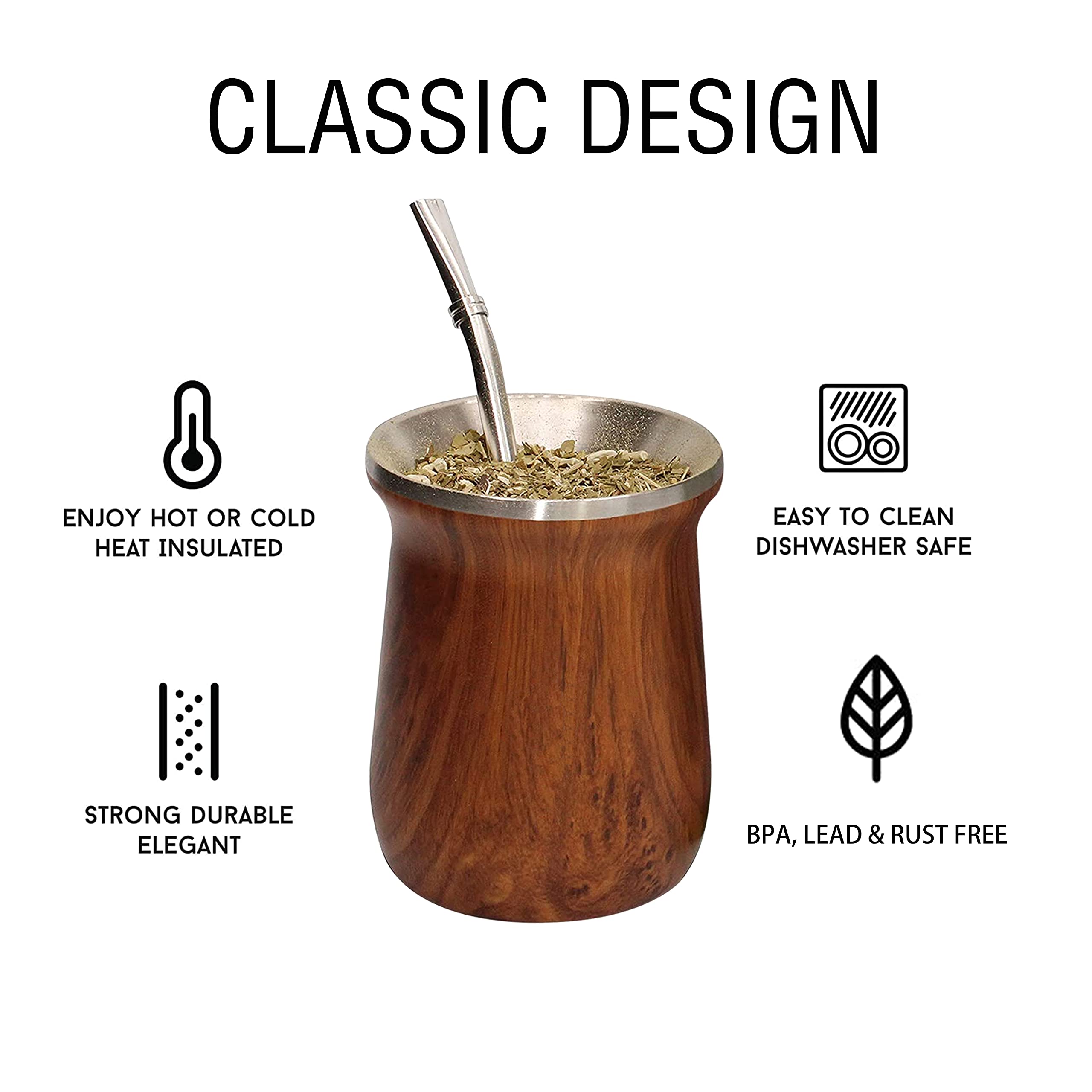 LA FEE Yerba Mate Natural Gourd/Egg Cup Set Brown (Original Traditional Mate Cup - 12 Ounces), Includes Yerba Mate Straw & Cleaning Brush, Stainless Steel | Double-Walled | Easy to Clean