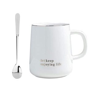 Ceramic Mug Birthday Gifts for Women China Tea Cups with Spoon Coffee Cup Suitable for Making Tea,Cold Drinks,Hot Drinks,Coffee,Etc(White,14.5oz)