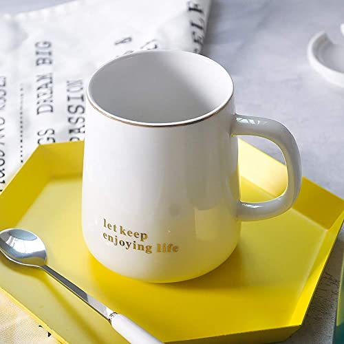 Ceramic Mug Birthday Gifts for Women China Tea Cups with Spoon Coffee Cup Suitable for Making Tea,Cold Drinks,Hot Drinks,Coffee,Etc(White,14.5oz)