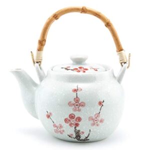 Traditional Japanese Style Ceramic Teapot with Rattan Handle 42 fl oz Teapot with Stainless Steel Infuser Strainer for Loose Leaf Tea (Snow Cherry Blossom)