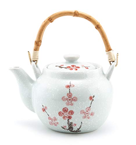 Traditional Japanese Style Ceramic Teapot with Rattan Handle 42 fl oz Teapot with Stainless Steel Infuser Strainer for Loose Leaf Tea (Snow Cherry Blossom)