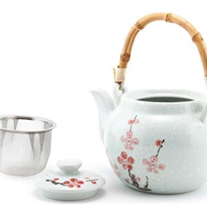 Traditional Japanese Style Ceramic Teapot with Rattan Handle 42 fl oz Teapot with Stainless Steel Infuser Strainer for Loose Leaf Tea (Snow Cherry Blossom)