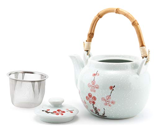 Traditional Japanese Style Ceramic Teapot with Rattan Handle 42 fl oz Teapot with Stainless Steel Infuser Strainer for Loose Leaf Tea (Snow Cherry Blossom)