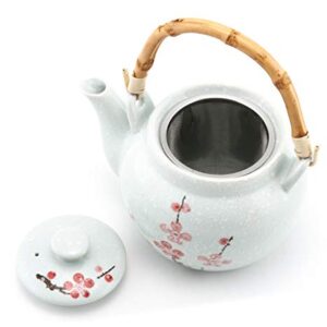 Traditional Japanese Style Ceramic Teapot with Rattan Handle 42 fl oz Teapot with Stainless Steel Infuser Strainer for Loose Leaf Tea (Snow Cherry Blossom)