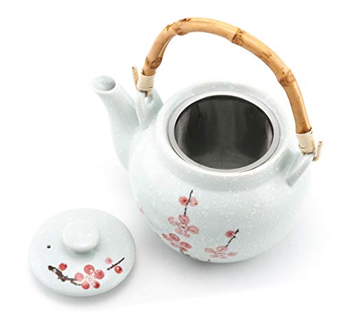 Traditional Japanese Style Ceramic Teapot with Rattan Handle 42 fl oz Teapot with Stainless Steel Infuser Strainer for Loose Leaf Tea (Snow Cherry Blossom)