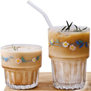 yaocoral set of 2 daisy glass coffee cup cute drinking glasses stackable daisy glass cups for juice,iced coffee,milk,tea,dessert,flower glassware drinkware set(blue)