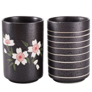 hedume set of 2 japanese tea cups, 10oz ceramic teacup mug, japanese cherry blossoms and line design ceramic tea cups set for green tea, matcha tea, bancha