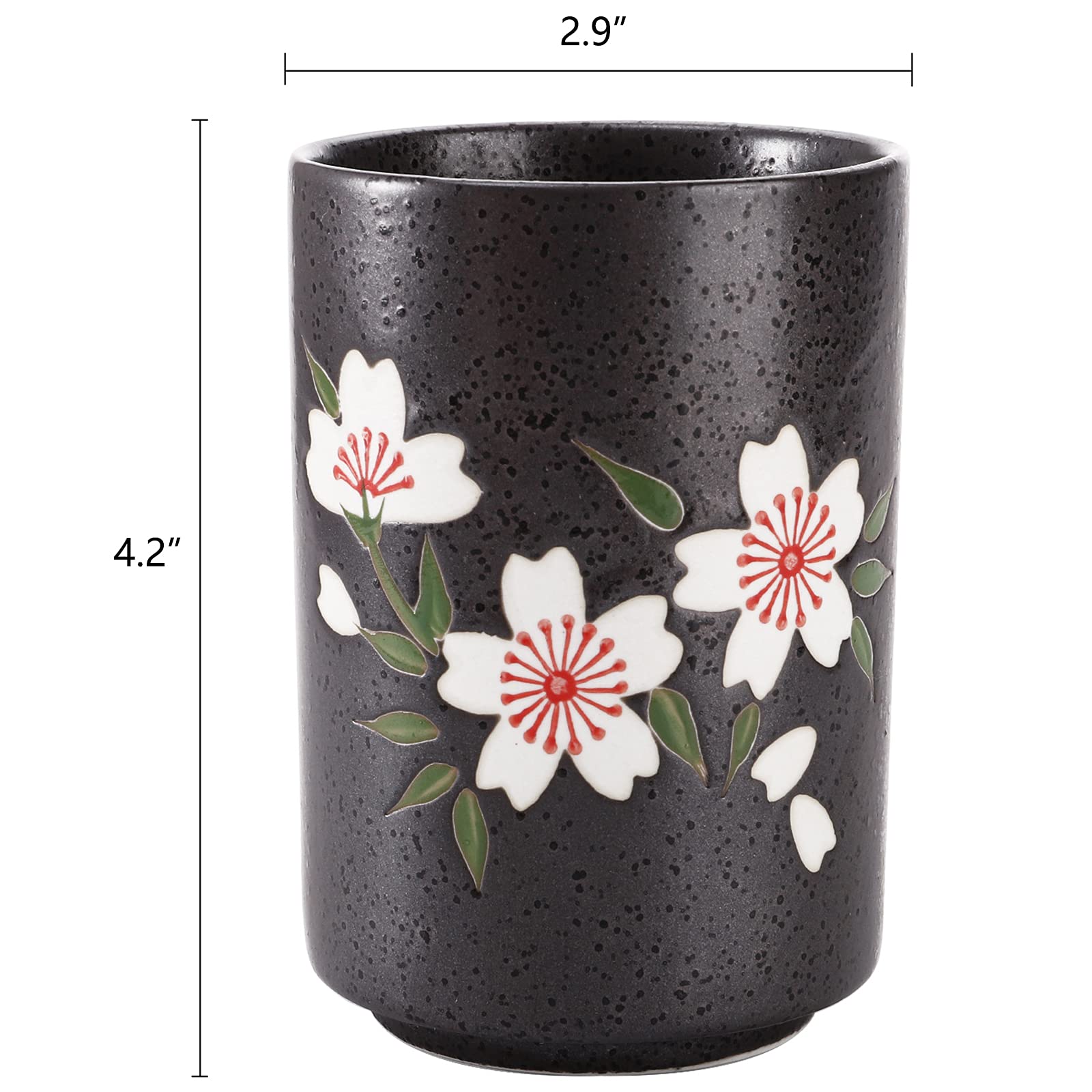 Hedume Set of 2 Japanese Tea Cups, 10oz Ceramic Teacup Mug, Japanese Cherry Blossoms and Line Design Ceramic Tea Cups Set for Green Tea, Matcha Tea, Bancha