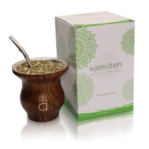 kalmateh modern yerba mate gourd - double walled 18/8 stainless steel- includes bombilla and a cleaning brush-9 oz,270ml (wood)