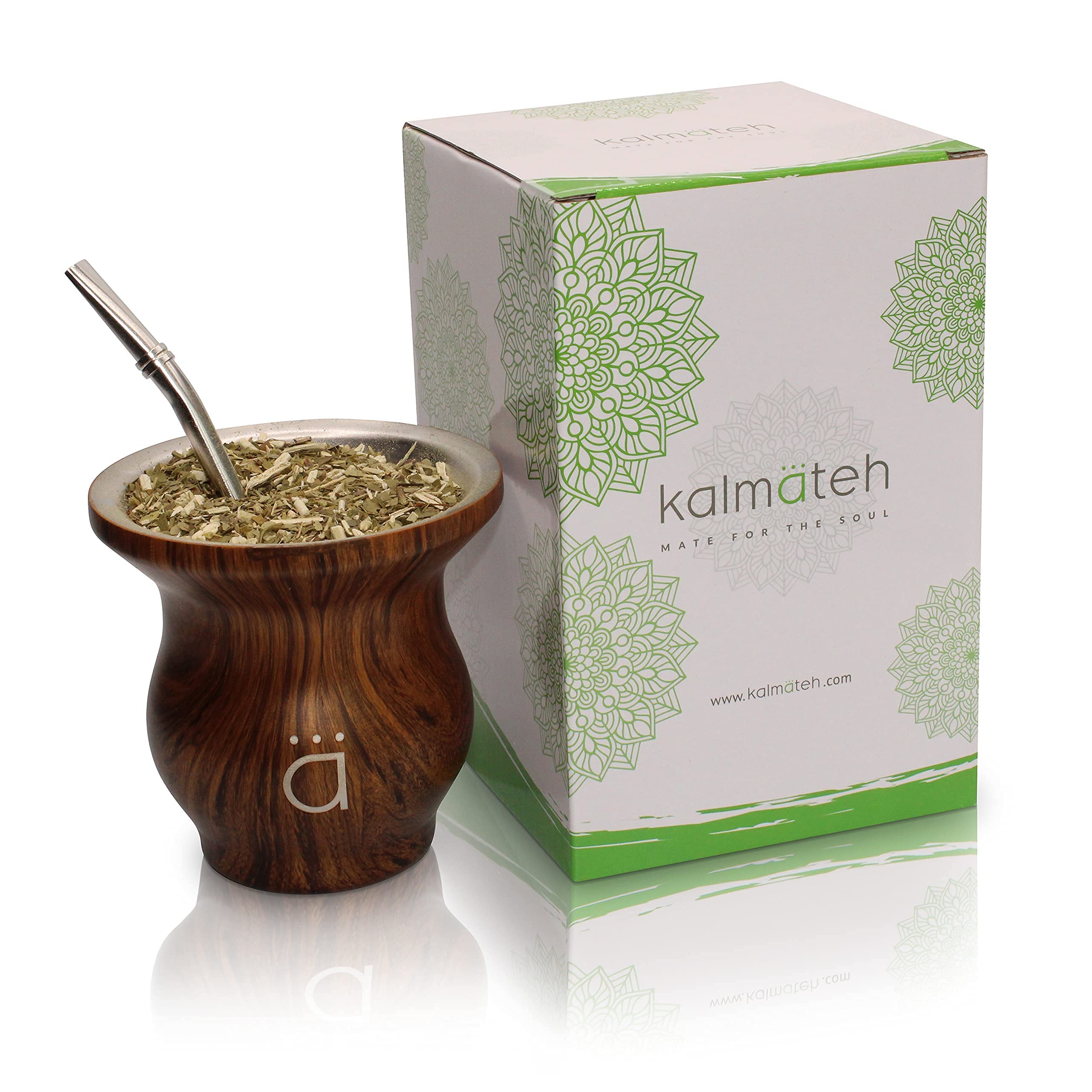 Kalmateh Modern Yerba Mate Gourd - Double Walled 18/8 Stainless Steel- Includes Bombilla and a Cleaning Brush-9 oz,270ml (Wood)