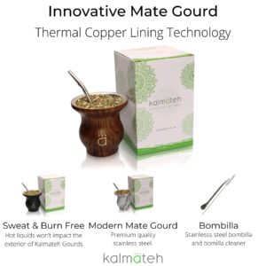 Kalmateh Modern Yerba Mate Gourd - Double Walled 18/8 Stainless Steel- Includes Bombilla and a Cleaning Brush-9 oz,270ml (Wood)