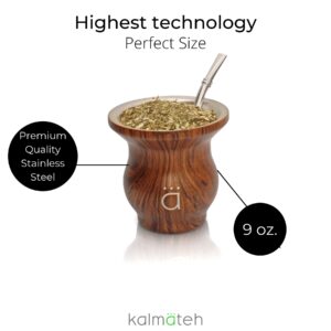 Kalmateh Modern Yerba Mate Gourd - Double Walled 18/8 Stainless Steel- Includes Bombilla and a Cleaning Brush-9 oz,270ml (Wood)