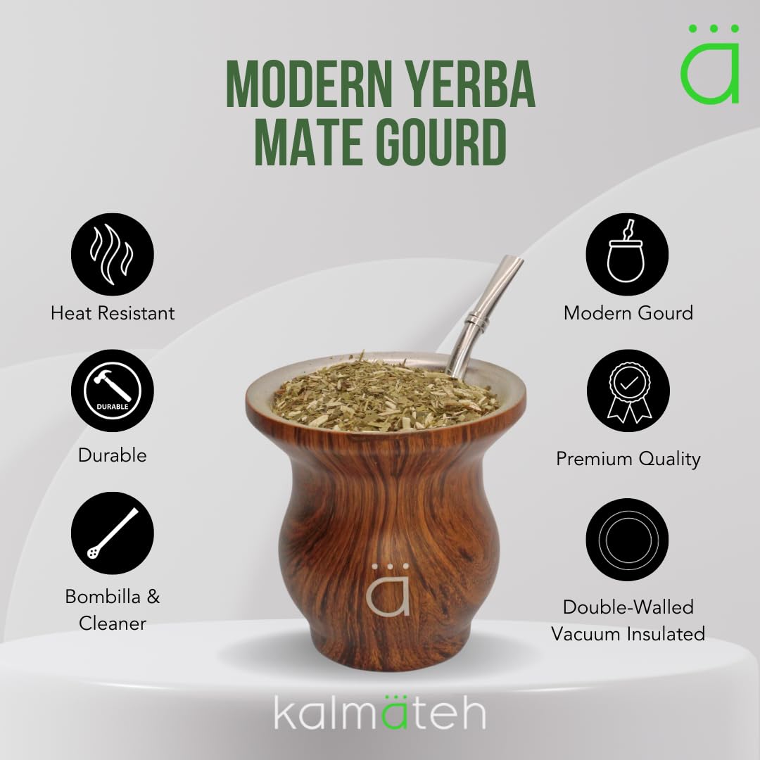 Kalmateh Modern Yerba Mate Gourd - Double Walled 18/8 Stainless Steel- Includes Bombilla and a Cleaning Brush-9 oz,270ml (Wood)