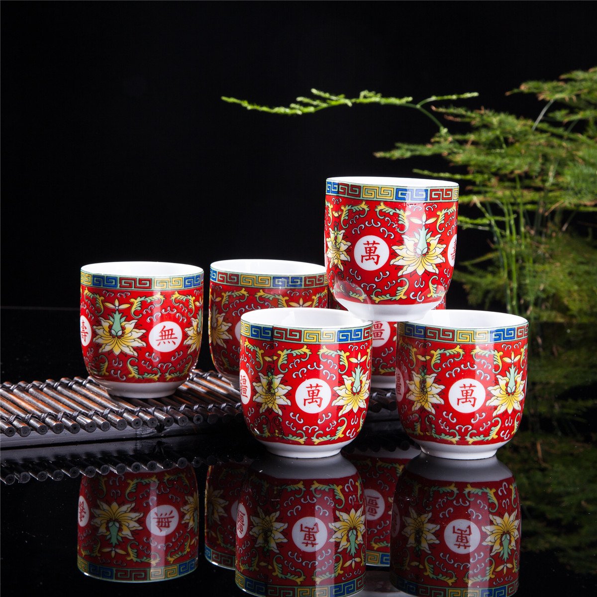 THY COLLECTIBLES Set Of 6 Eastern Asian Design Ceramic Tea Cups In Red Longevity Symbol - 8 OZ Capacity Each