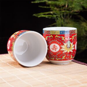 THY COLLECTIBLES Set Of 6 Eastern Asian Design Ceramic Tea Cups In Red Longevity Symbol - 8 OZ Capacity Each