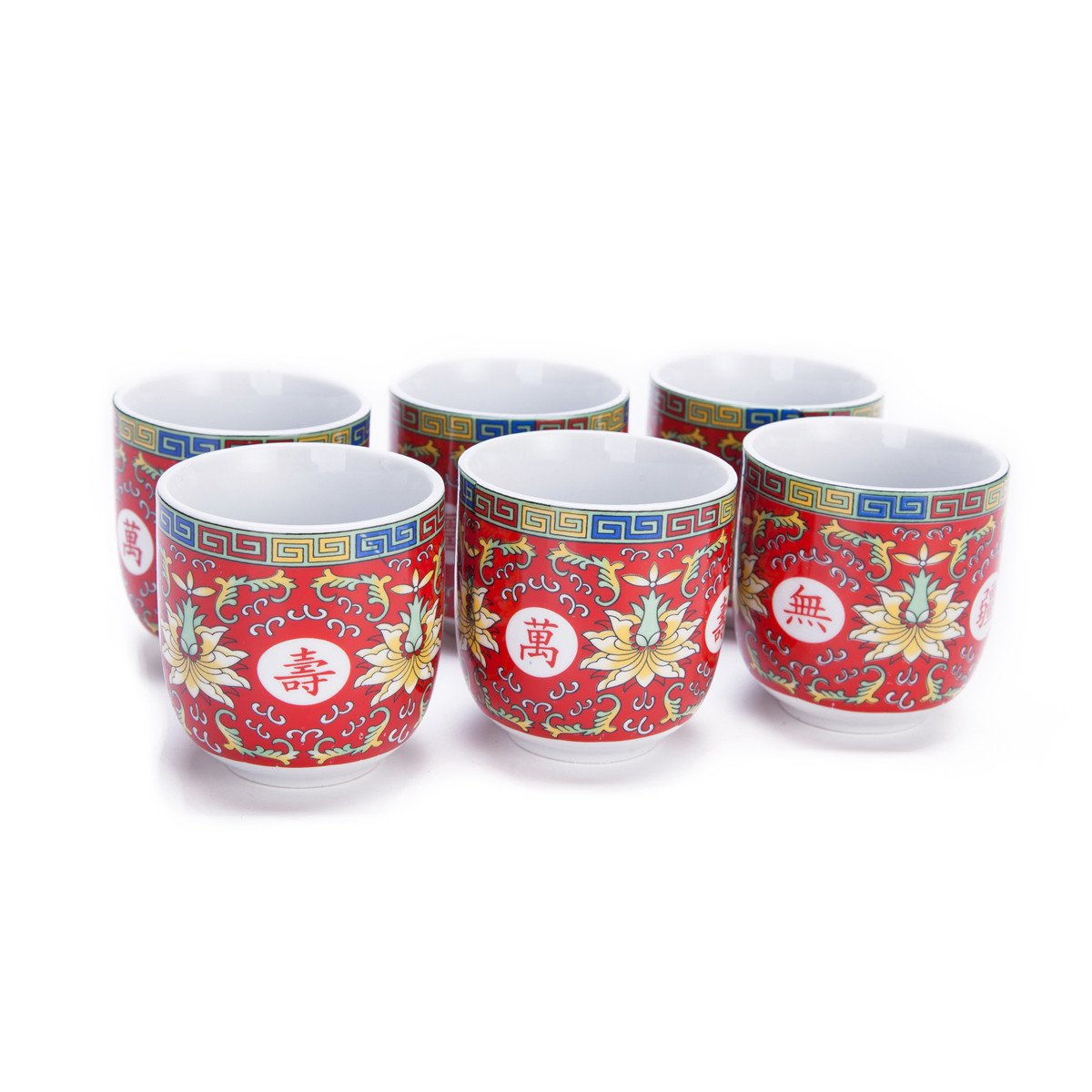 THY COLLECTIBLES Set Of 6 Eastern Asian Design Ceramic Tea Cups In Red Longevity Symbol - 8 OZ Capacity Each