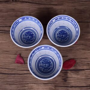 Woonsoon Chinese Handmade Kungfu Tea Cup 70 ml,Bone China Blue and White Tea Cups Set of 3,Ceramic Tea Mugs Without Handles,Best Gift