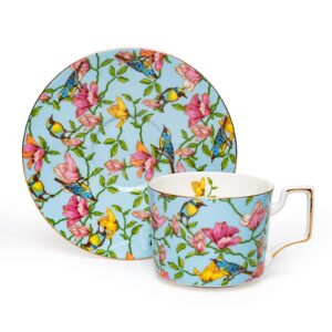 9 ounces teacup and saucers set vintage floral tea cups set bone china teacups coffee tea cup for tea party women mom (blue)